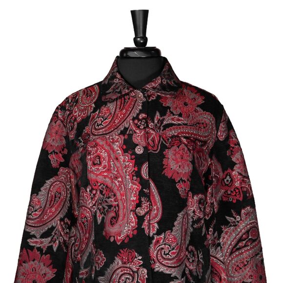 Chico's Women's Jacket Red Black Paisley Button Pockets Woven Jacquard 1 M/8 - Picture 5 of 9